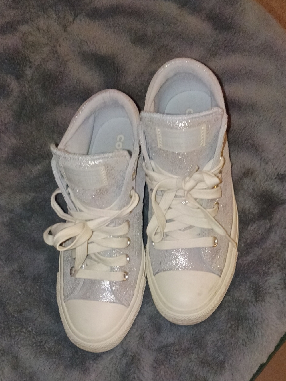Converse Mid Top Sneakers - Light Gray Glitter Leather with Ivory Laces